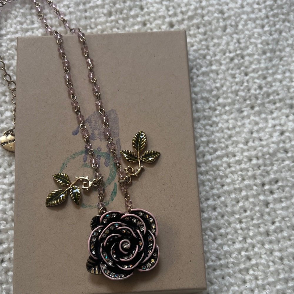 Betsey Johnson Pink Enamel Rose Pendant Necklace with Gold Leaves